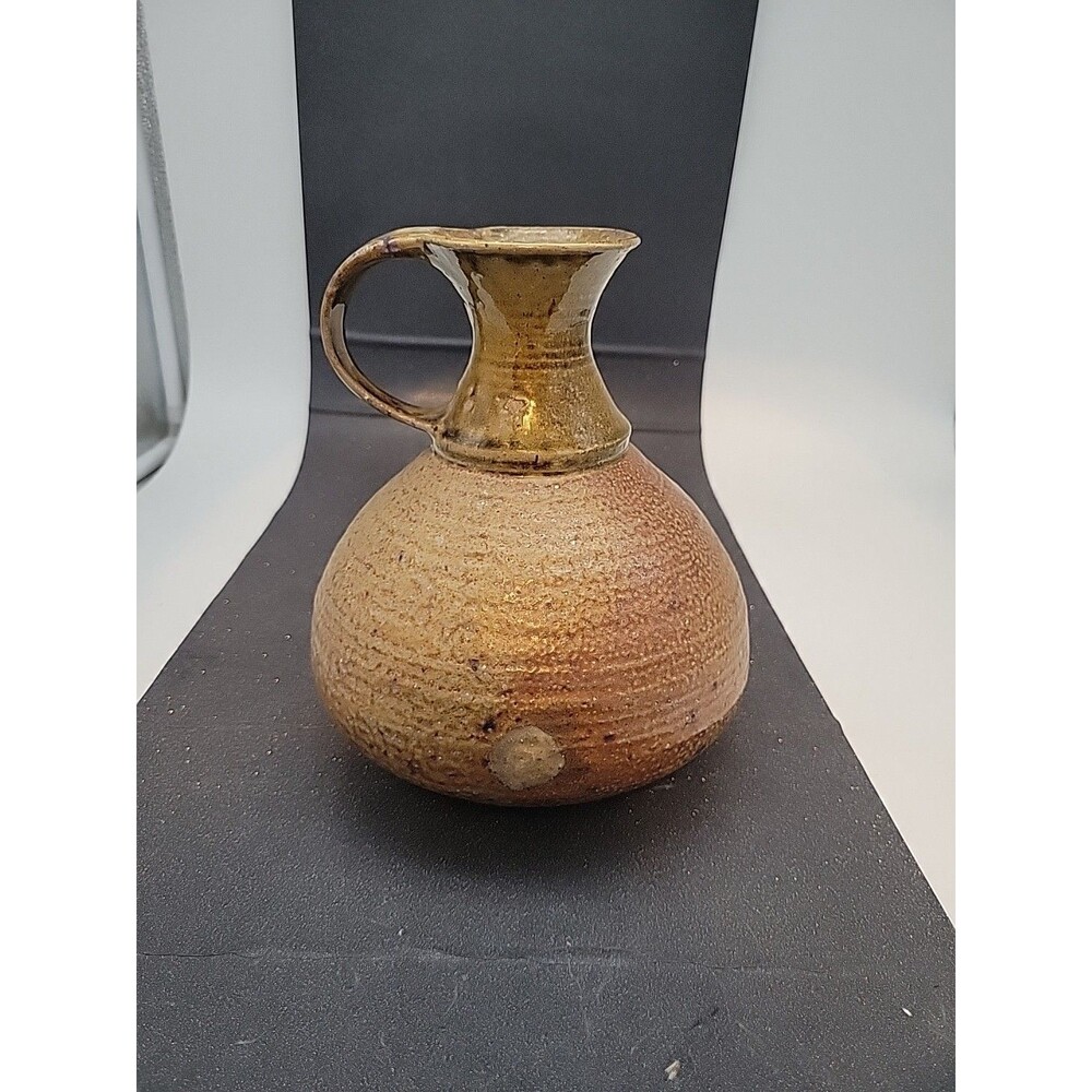 Studio Pottery Jug With Handle Signed Fish Tan Orange Vase Art